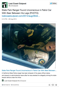 tweet of park ranger asleep on job with can of beer in his lap